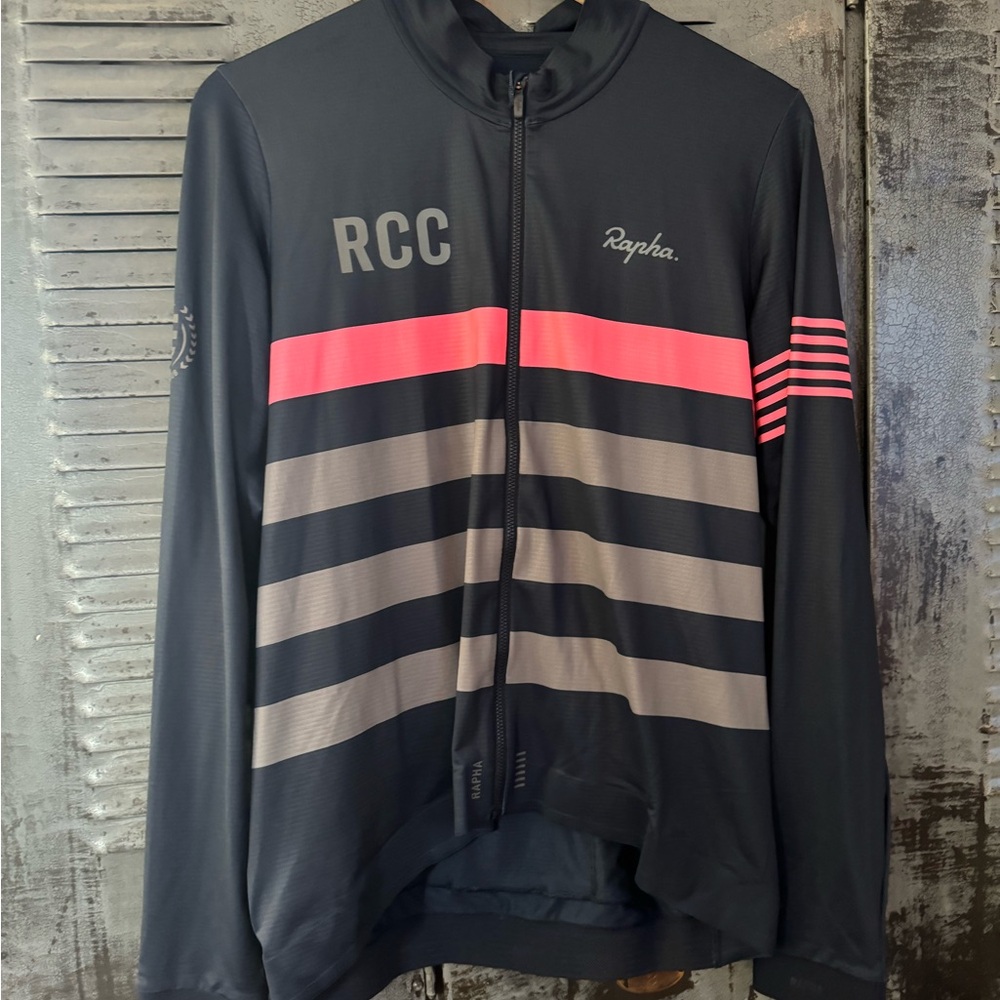 Rapha Men’s Black Jacket with Pink and Gray Stripes